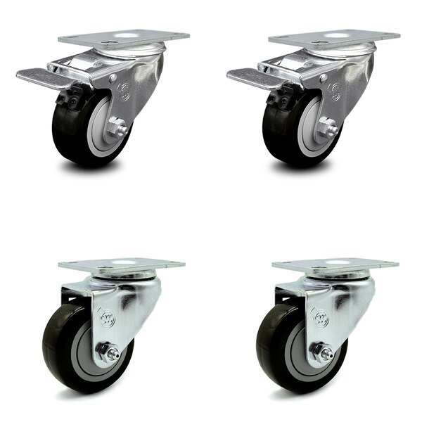 3 Inch Black Polyurethane Wheel Swivel Top Plate Caster Total Lock Brakes, 2PK, Service Caster, Mfr#: SCC-TTL20S314-PPUB-BLK-2-S-2